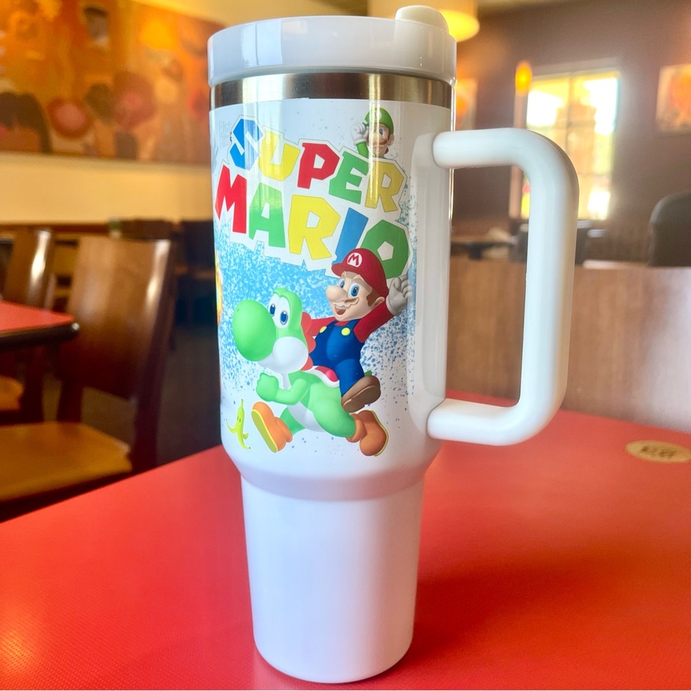 Custom 40 oz Tumbler Nintendo Super Mario Bros tumbler with hand carry handle. B